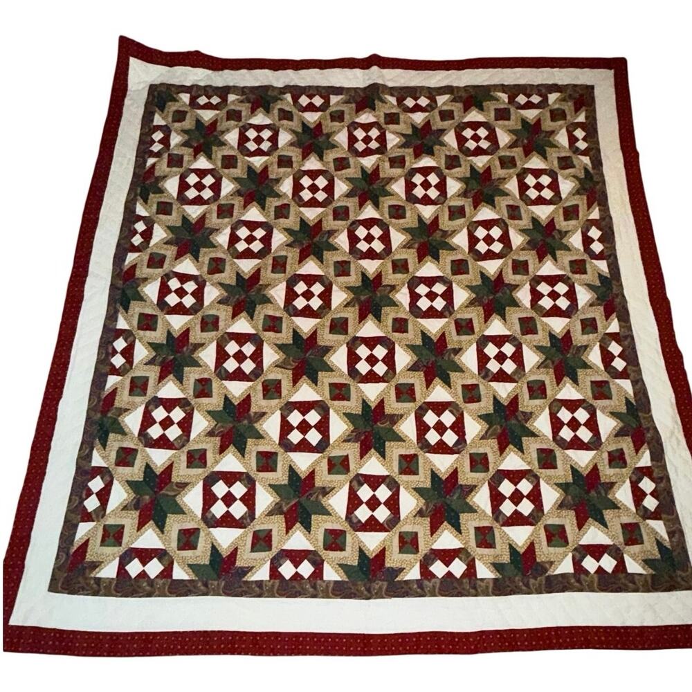 Handmade Vintage Cotton Quilted Ohio Star Patchwork Christmas Quilt Queen Size